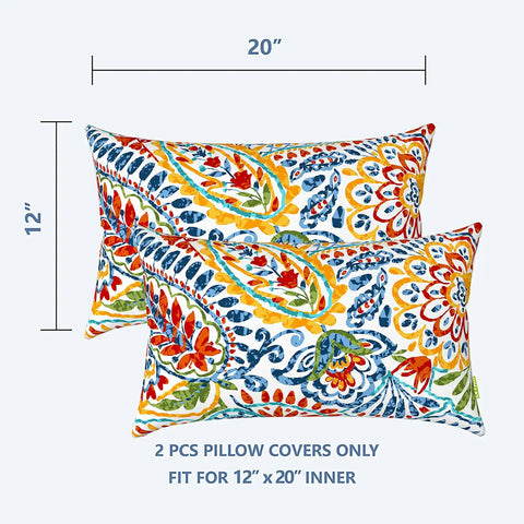 Outdoor Lumbar Pillow Covers 12x20 Inch Pack Of 2, Paisley Multi Fabric, Fade Resistant, All Weather Cushion Covers For Patio