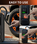 Y34 Portable Tire Inflator Air Compressor With Digital Pressure Gauge 150 PSI Cordless 6000mAh showing use steps on a car tire