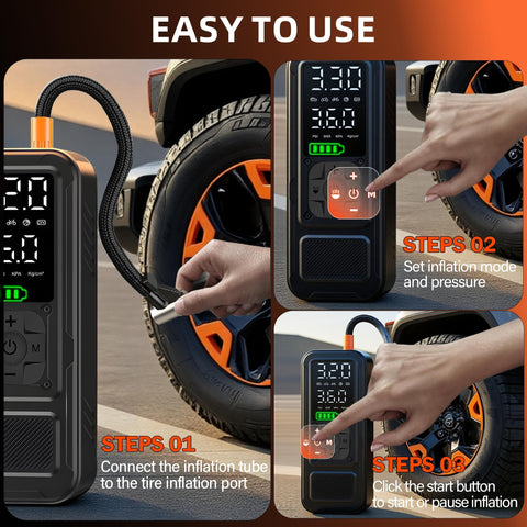 Y34 Portable Tire Inflator Air Compressor With Digital Pressure Gauge 150 PSI Cordless 6000mAh showing use steps on a car tire