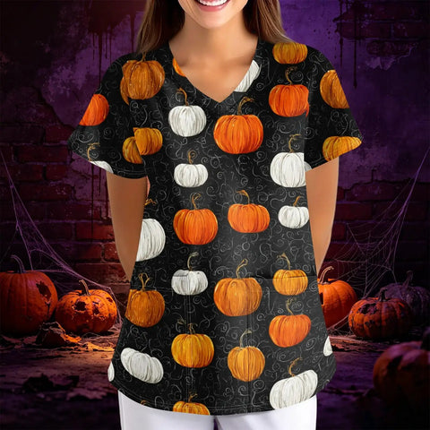 Plus Size Halloween Shirts For Women With Pockets Spooky Pumpkin Ghost Bat Witch Print Stretchy V Neck Tops Fade Resistant Graphic Tee