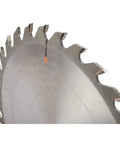 Close-up of the Shop Favorite Killer 10 Inch Glue Line Rip Saw Blade With 5/8 Inch Bore And 30 Triple Chip Grind showcasing sharp carbide tips.