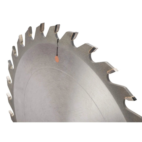 Close-up of the Shop Favorite Killer 10 Inch Glue Line Rip Saw Blade With 5/8 Inch Bore And 30 Triple Chip Grind showcasing sharp carbide tips.