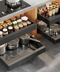 Four Piece Heavy Duty Pull Out Cabinet Organizers, 21 Inch Deep Roll Out Shelves With Raising Pads For Framed Cabinets filled with jars and pots.