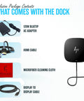 Laptop Docking Station With Dual Monitor Support And 120W Charging USB C G5 Dock Includes HDMI Cable DisplayPort Cable Ethernet Cleaning Cloth Fast Setup For Home Office And On The Go Renewed package contents including AC adapter, HDMI cable, cleaning cloth, DisplayPort cable.