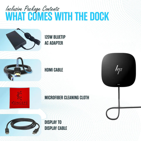 Laptop Docking Station With Dual Monitor Support And 120W Charging USB C G5 Dock Includes HDMI Cable DisplayPort Cable Ethernet Cleaning Cloth Fast Setup For Home Office And On The Go Renewed package contents including AC adapter, HDMI cable, cleaning cloth, DisplayPort cable.