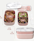 Three Compartment Adult Lunch Box With Built In Utensil Set And Sealing Strap For Meal Prep Grab And Go BPA Free Food Container Perfect For Work Or School In Blush Marble showing compartments with food and utensil set