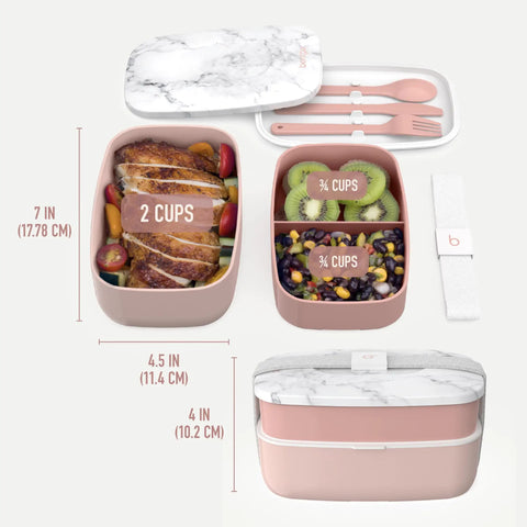 Three Compartment Adult Lunch Box With Built In Utensil Set And Sealing Strap For Meal Prep Grab And Go BPA Free Food Container Perfect For Work Or School In Blush Marble showing compartments with food and utensil set