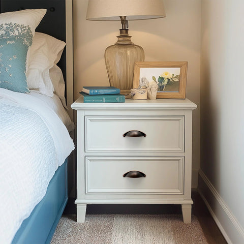 Nightstand with 10 Pack 2.5 Inch Oil Rubbed Bronze Drawer Pulls For Cabinets And Drawers Cup Pulls installed.