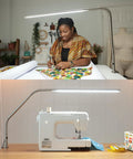 Person sewing under Slimline LED Table Lamp With 80 CRI Eye Care, 4 Dope Brightness Levels, brushed steel, flexible neck