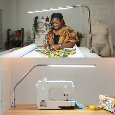 Person sewing under Slimline LED Table Lamp With 80 CRI Eye Care, 4 Dope Brightness Levels, brushed steel, flexible neck