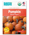Small Sugar Pumpkin Seeds Packet 2.5G 100 Percent Organic Non GMO Seed Packet For Indoor And Outdoor Growing Easy To Grow All Seasons Year Round Harvest packaging with pumpkin images