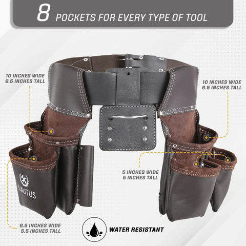 Oil Tanned Leather Tool Belt Rig For Carpenters And Handymen With 8 Pockets And 4 Hammer Loops Beefy 100 Percent Leather