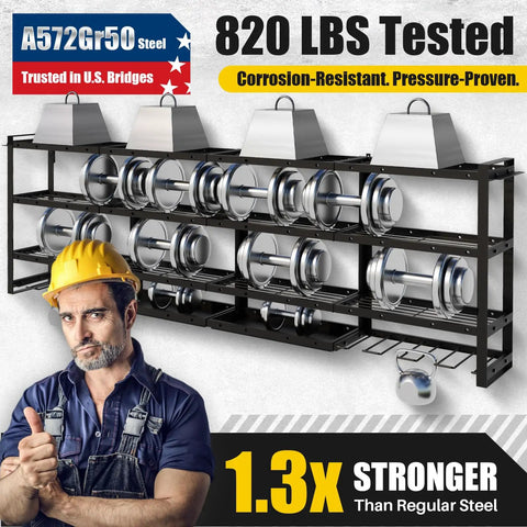 820 lbs capacity heavy-duty steel rack with multiple shelves, featuring 64 Inch Wide Power Tool Organizer Wall Mount With Corner Fit.