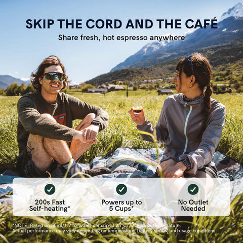 Two people outdoors using Nano Portable Espresso Maker For Travel And Camping Self Heating With USB C Car Coffee Maker