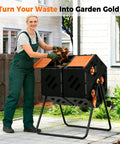 Dual Chamber 45 Gallon Compost Tumbler With 360 Degree Rotating Design for outdoor use, woman adding leaves, garden setting.