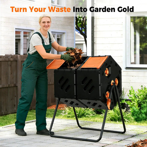 Dual Chamber 45 Gallon Compost Tumbler With 360 Degree Rotating Design for outdoor use, woman adding leaves, garden setting.