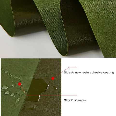 Close-up of green Beefy Weatherproof Canvas Tarp for Outdoors, showing resin coating and water resistance, 6.6 by 4.9 feet.
