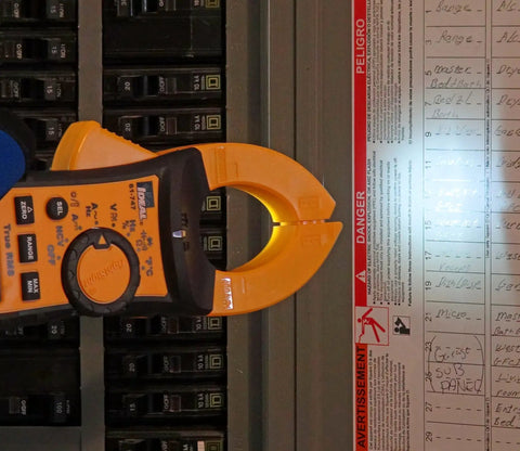 Job Site Ready Pro Grade TightSight 61-747 Digital Clamp Meter For 400 Amp 600 Volt Range with dual backlit displays in use