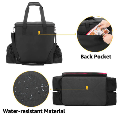 Heavy Duty Big Buddy Heater Carry Bag With Thick Padded Interior And Anti Slip Bottom Multiple Pockets Extra Durable Portable Storage Case For MH18B Propane Heater Fits Buddy Heaters Perfectly Bag Only shows front view, close-up of water-resistant material, and back pocket detail.
