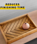 Real Deal One Step Wood Stain And Polyurethane Finish Combo In Classic Oak Satin Sheen For Furniture And Cabinets Easy Wipe On Setup Saves You Hours Gives Straight Top Tier Protection And Beautiful Wood Grains Half Pint Container displayed on wooden tray with decorative vase.