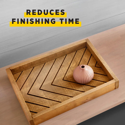 Real Deal One Step Wood Stain And Polyurethane Finish Combo In Classic Oak Satin Sheen For Furniture And Cabinets Easy Wipe On Setup Saves You Hours Gives Straight Top Tier Protection And Beautiful Wood Grains Half Pint Container displayed on wooden tray with decorative vase.