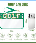 Clear PVC Golf Makeup Bag With Chenille Letter Patch For Her Crew Preppy Style alongside smartphone for size comparison