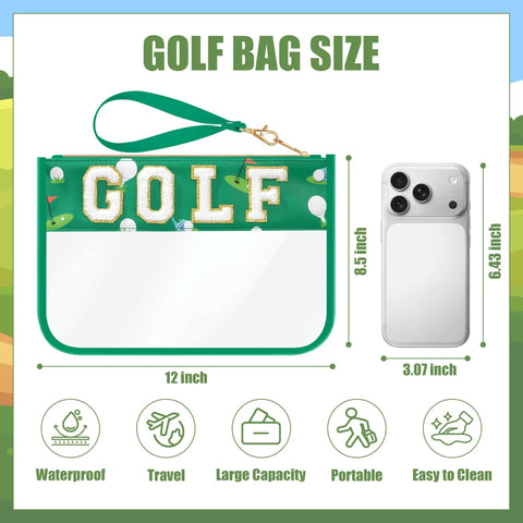 Clear PVC Golf Makeup Bag With Chenille Letter Patch For Her Crew Preppy Style alongside smartphone for size comparison
