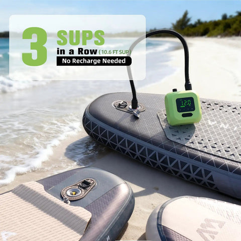 Electric SUP Pump With Battery For Paddle Boards inflating on beach with three boards, hose connected, screen displaying 12.0 PSI.
