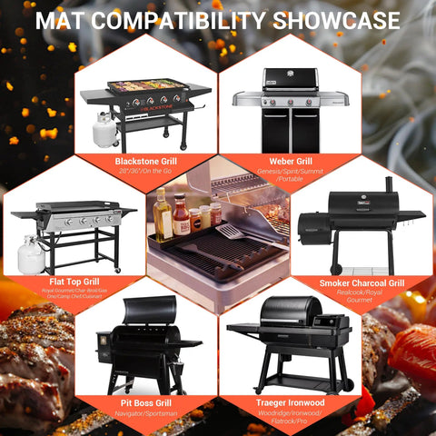 Compatibility showcase for Silicone Grill Mat Two Pack for Blackstone 16x11.5 Inch Non Slip Tool Mats with various grills.