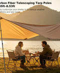 Camping scene with Ultralight Carbon Fiber Telescoping Tarp Poles For Hiking Adjustable Rugged Featherweight 2 Pack setup by a lake.