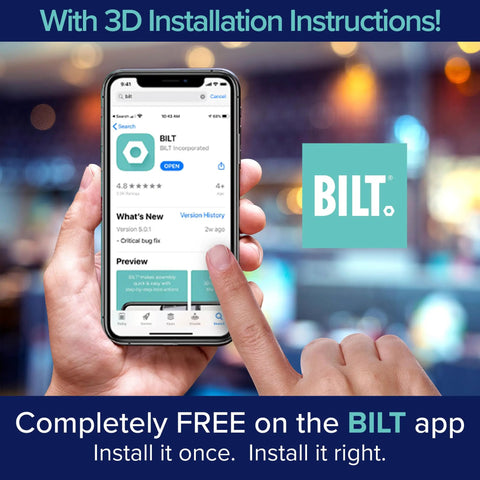 Person holding smartphone showing BILT app in use with option to install, highlighting app functionality and installation instructions.