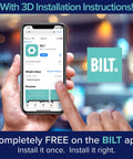 Person holding phone displaying BILT app with 3D installation instructions.