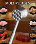 Heavy Duty Stainless Steel Meat Tenderizer Hammer With Textured Pyramid Surface shown with multiple food uses.