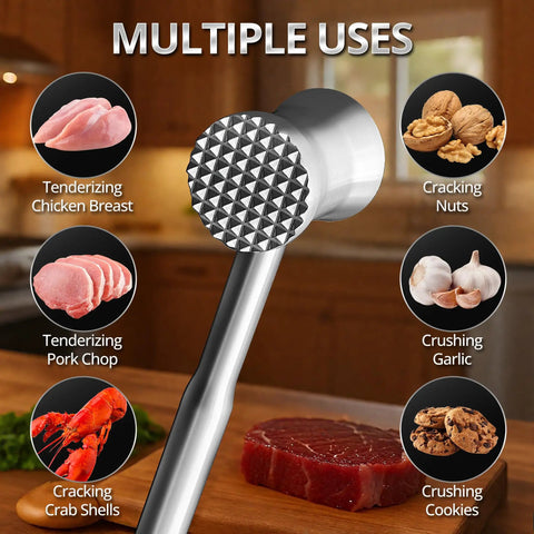 Heavy Duty Stainless Steel Meat Tenderizer Hammer With Textured Pyramid Surface shown with multiple food uses.