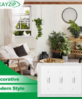 White Decorative Triple Toggle Light Switch Wall Plate 3 Gang Natural Material Cover for Modern Homes displayed in room.