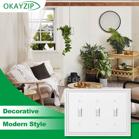 White Decorative Triple Toggle Light Switch Wall Plate 3 Gang Natural Material Cover for Modern Homes displayed in room.