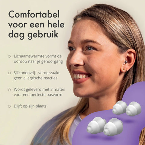 Woman wearing ClearTone High Fidelity Ear Plugs For Concerts And Noise Sensitivity 21dB Reduction with size options shown.