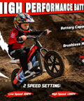 Kids Electric Dirt Bike With 24V 300W Motor, Two Speed Settings, Flashing LED Lights, Builtin Music Function, Durable Electric Bike For Ages Six And Up, Red, child riding