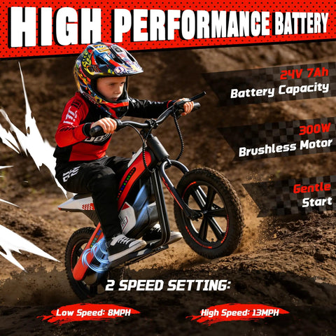 Kids Electric Dirt Bike With 24V 300W Motor, Two Speed Settings, Flashing LED Lights, Builtin Music Function, Durable Electric Bike For Ages Six And Up, Red, child riding