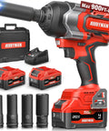 Badass 20 Volt Brushless Impact Gun Snaps Rusty Nuts Off With Nine Hundred Ft Lbs Of Beast Mode Torque And Twin Four Amp Hour Battery Packs For Daily Drivers And Trailers, red impact wrench with accessories.