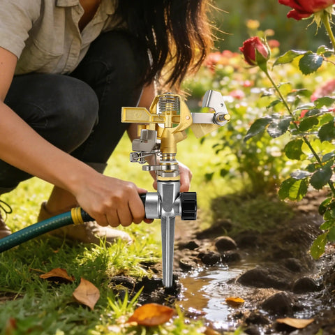 Person setting up Two Pack Heavy Duty Brass Impact Sprinklers On Spike Base With Aluminum Alloy Stand Adjustable 360 Degree Coverage