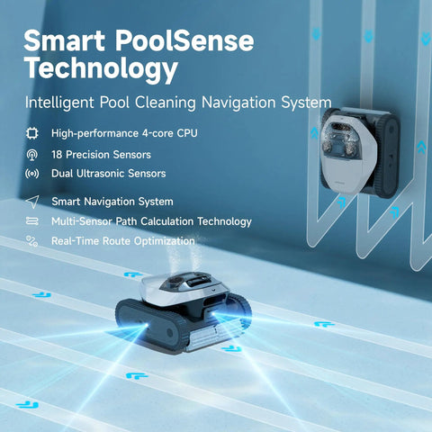 Heavy Duty Cordless Robotic Pool Cleaner with Badass 8000 GPH Suction and Waterline Scrubbing featuring Smart PoolSense Technology.