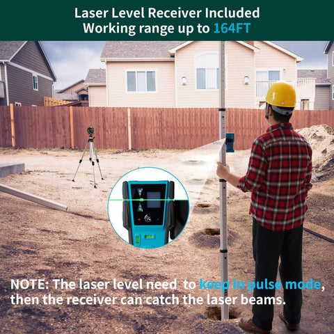 All In One 360 Degree Self Leveling Laser Level Kit With Receiver Tripod And Grade Rod Touch Screen Remote Control 16 Lines 2 Batteries Pro Grade For Construction And Home Renovation. Receiver and grade rod on jobsite, 164FT range.