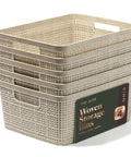 Small Natural Woven Plastic Basket 5 Pack Home Organization Closets Kitchen Bedrooms Space Saving Storage Bins stacked woven bins in neutral color