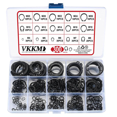 Heavy Duty External Shaft Circlips Set 300 Piece M4 To M28 Snap Rings Kit In Carbon Steel Black Oxide 15 Sizes in open case