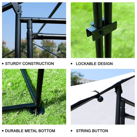 Collage showing details of Walk In Heavy Duty Chicken Coop With Large Outdoor Run 9.8 Feet Long 9.8 Feet Wide 6.6 Feet High Sturdy Steel Frame