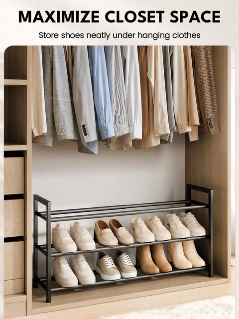 3 Tier Expandable Shoe Rack For Closet That Expands From 18 To 33 Inches To Stash 12 Pairs Of Adult Footwear Featuring No Hassle Setup And Solid Black Finish To Keep Your Space Looking Crisp And Uncluttered
