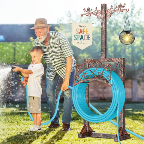 Detachable Water Hose Holder With Five Anchor Points Sturdy Freestanding Hose Reel Holds Up To 150 Ft Of Hose No Wobble For Outdoor Yard Or Garden Storage In Antique Bronze Finish pictured with users watering garden