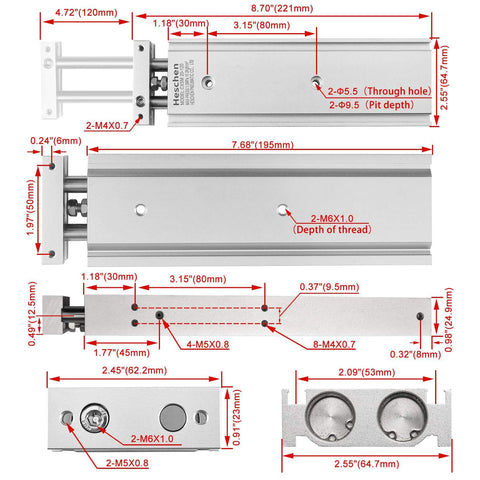 Technical diagram of dual aluminum pneumatic cylinder with 20mm bore and 120mm stroke, showing dimensions and mounting holes.