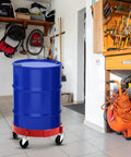 Two Pack Drum Dollies For 16 Gallon Drums Red Mobile Base With Four Swivel Casters, Heavy Duty Drum Cart Set For Buckets, Shops, Garages, Factories, And Warehouses, Easy Roll, Stable, Perfect For Moving Large Drums. Blue 16-gallon drum on red swivel caster dolly in a garage